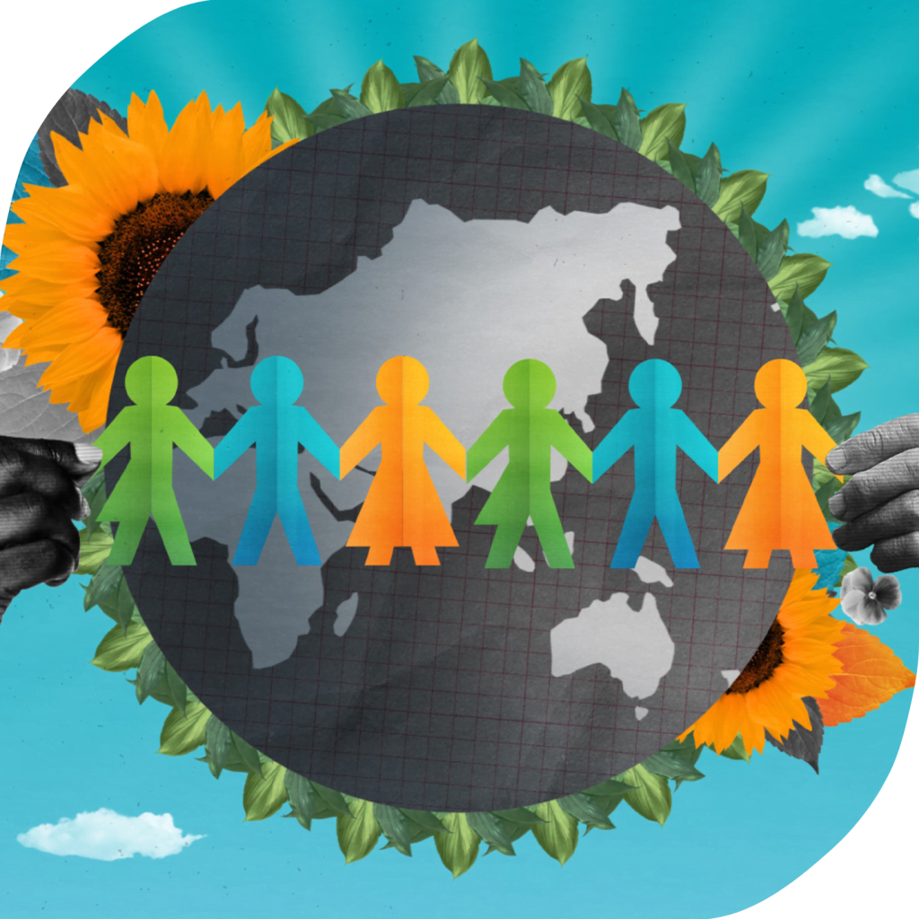 An illustration of a people-shaped paper garland. Two hands on each side of the graphic are holding the garland up across the image. Behind the garland is an illustration of Earth and sunflowers.