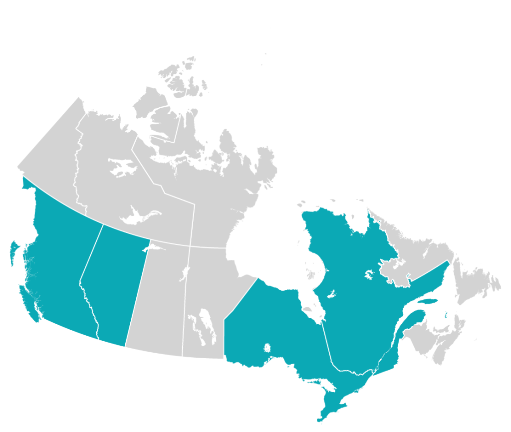 Map of Canada shown. Every province is grey except for B.C., Alberta, Ontario and Quebec, which are all highlighted in blue.