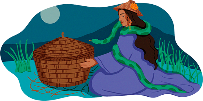 Illustration by Paige Jung. Depicts a story from the Island Hul’qumi’num. It shows a woman wearing a woven hat and contentedly weaving a large basket. A friendly snake is wrapped around her body.