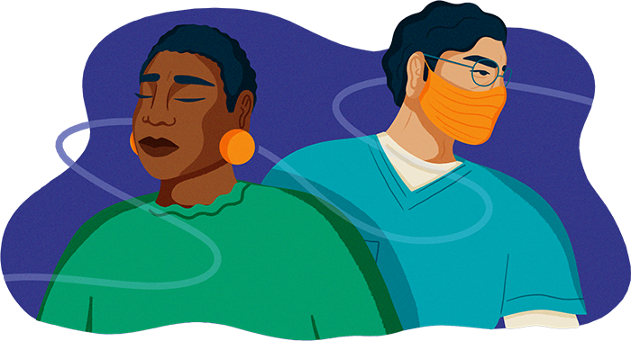 Illustration by Paige Jung. A black woman with short cropped hair and large orange earrings looks away in sadness. A male nurse nearby wearing glasses, scrubs, and a mask looks behind him in anger at an unseen source of hate.