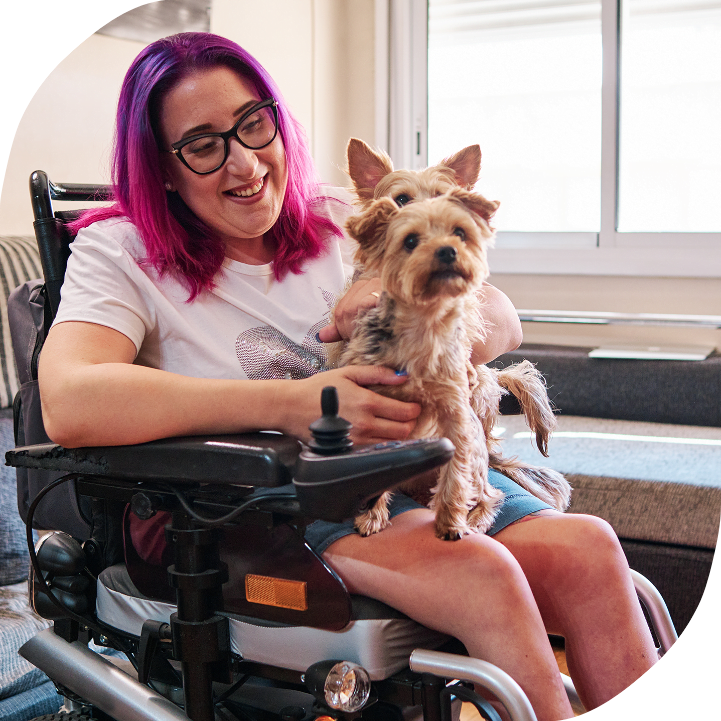 A white woman with pink and purple hair sitting in a motorized wheelchair with two small dogs in her lap