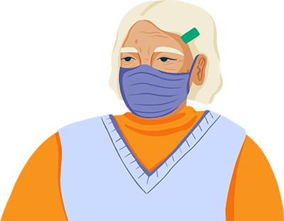 Illustration by Paige Jung. An old woman with light-medium skin tone wears a N95 mask. She has a white bob, neatly clipped with a pin and wears a sweater vest.