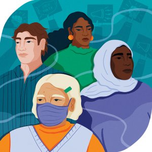 An illustration by Paige Jung. It depicts four people standing together (one wears a mask) while in the background, there are supportive protestors and signs that say 