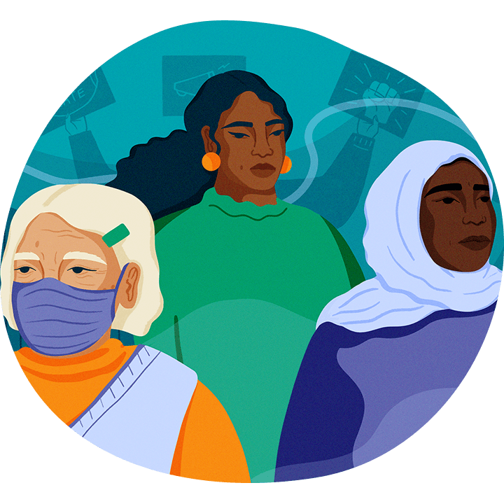 Illustration by Paige Jung depicting diverse people (one wearing a mask) standing together in solidarity against hate.