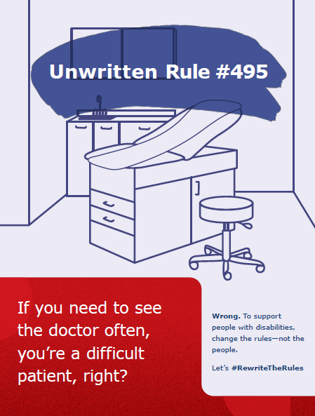 Heading: Unwritten Rule #497
Background scene: A medical examination bed and stool
Text: If you need to see the doctor often, you're a difficult patient, right? Wrong. To support people with disabilities, change the rules–not the people. 
Let's #RewriteTheRules