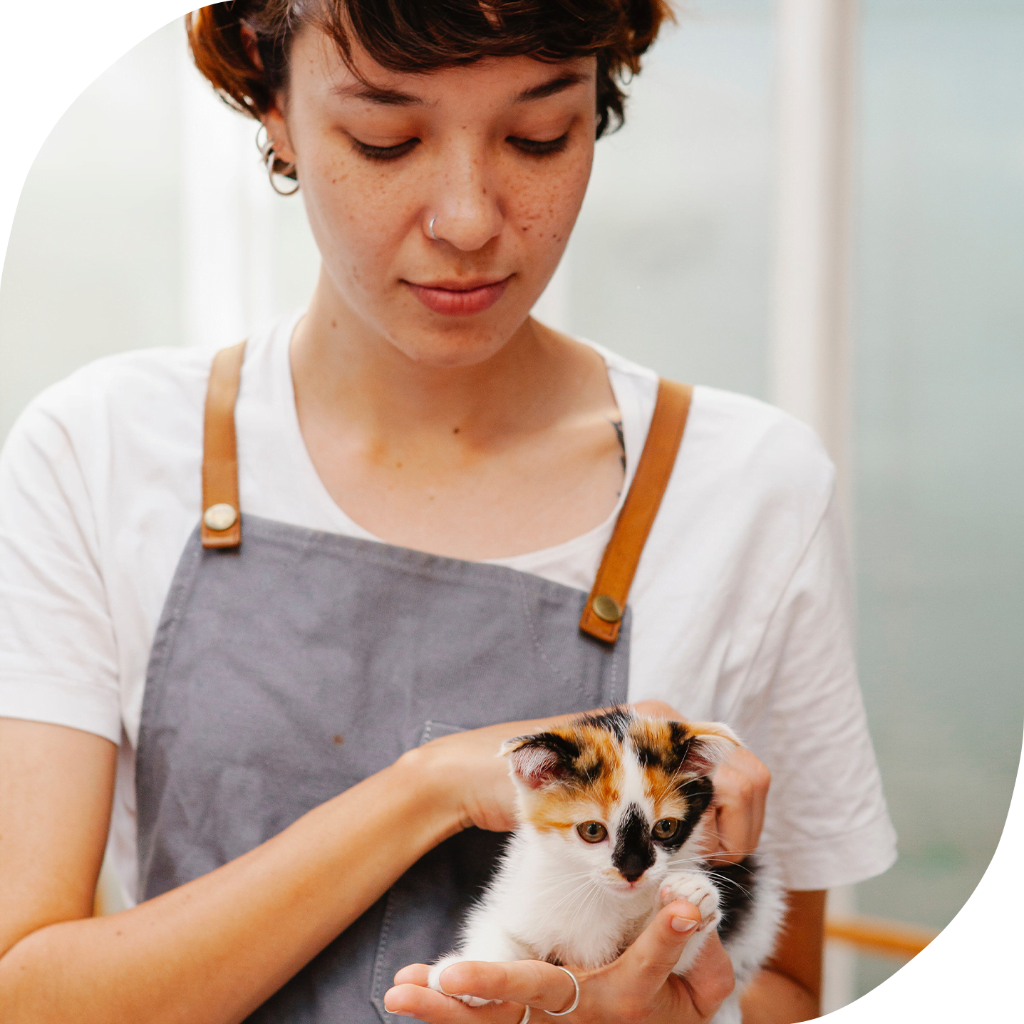 A close-up portrait of a young white person working at a pet store. They are holding a kitten.