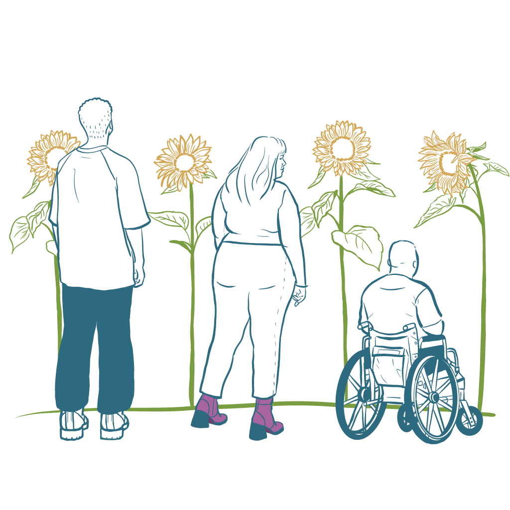 Unlike the first two illustrations, no platforms are needed because there is no fence. Though each of the 3 people are of different heights, all of them can enjoy viewing the sunflowers.
This is an example of removing systemic barriers.