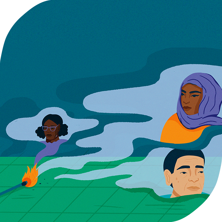 Illustration by Paige Jung. It depicts a lit match with 3 large curls of smoke. In each curl of smoke, is a different person impacted by hate.