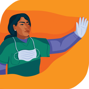 Illustration by Paige Jung. Depicts a woman nurse with medium-tone skin wearing green scrubs and holding up her hand in a 