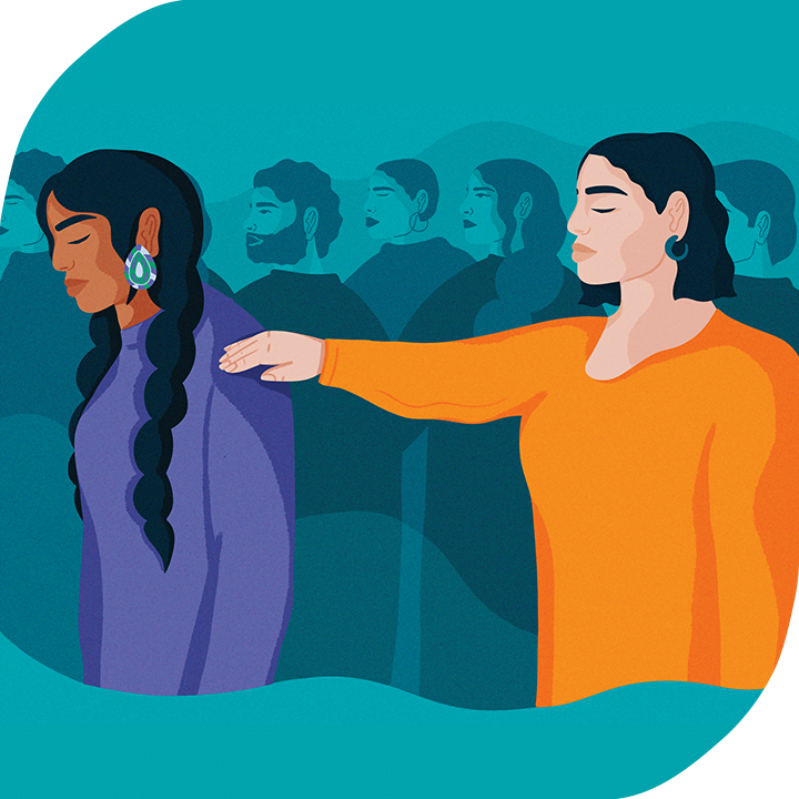 Illustration by Paige Jung. Depicts two women. One woman with light-toned skin reaches out to a woman with medium-tone skin in a gesture of support. In the background, there are other figures standing in solidarity.