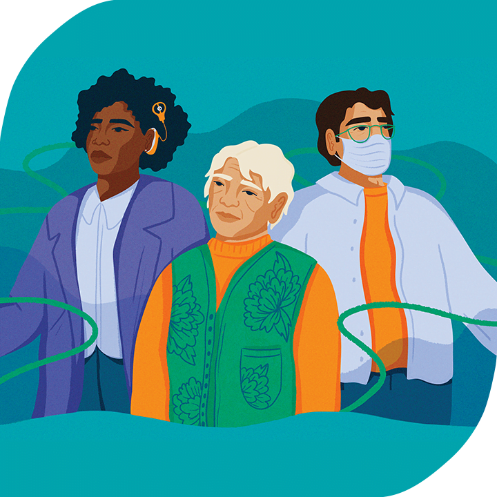 Illustration by Paige Jung. Depicts 3 people standing together in solidarity. The woman on the left is Black with black hair and wears a cochlear implant. The woman in the center is Asian, has short cropped hair and wears a vest. A man on the right has light-tone skin and wears a mask.