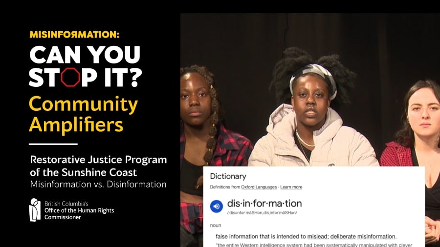 Three peope sit in a row and look directly at the camera. A screenshot of a dictionary definition of misinformation is pasted on top of their image. The description reads,