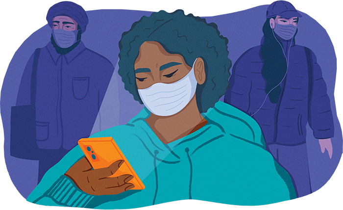 Illustration by Paige Jung. A Black woman with curly short black hair and a blue hoodie, wearing an N95 mask. In the background, there is a Sikh man carrying a tote bag and a woman with a puffy winter jacket and long black hair. Both are masked as well.